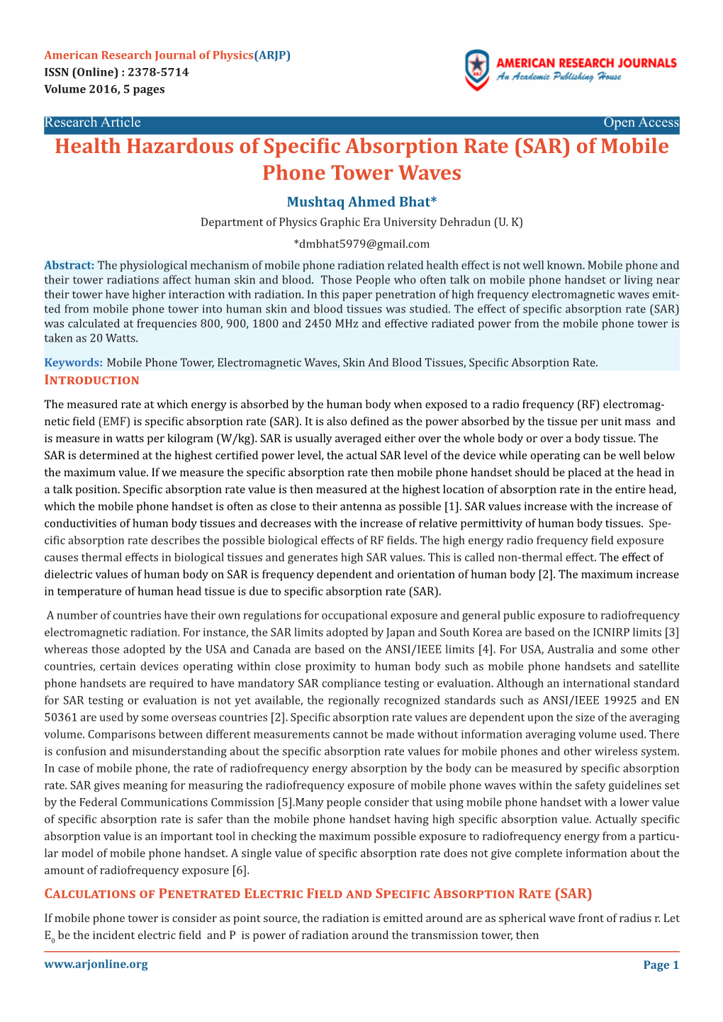 Health Hazardous of Specific Absorption Rate (SAR) of Mobile Phone Tower Waves Mushtaq Ahmed Bhat*