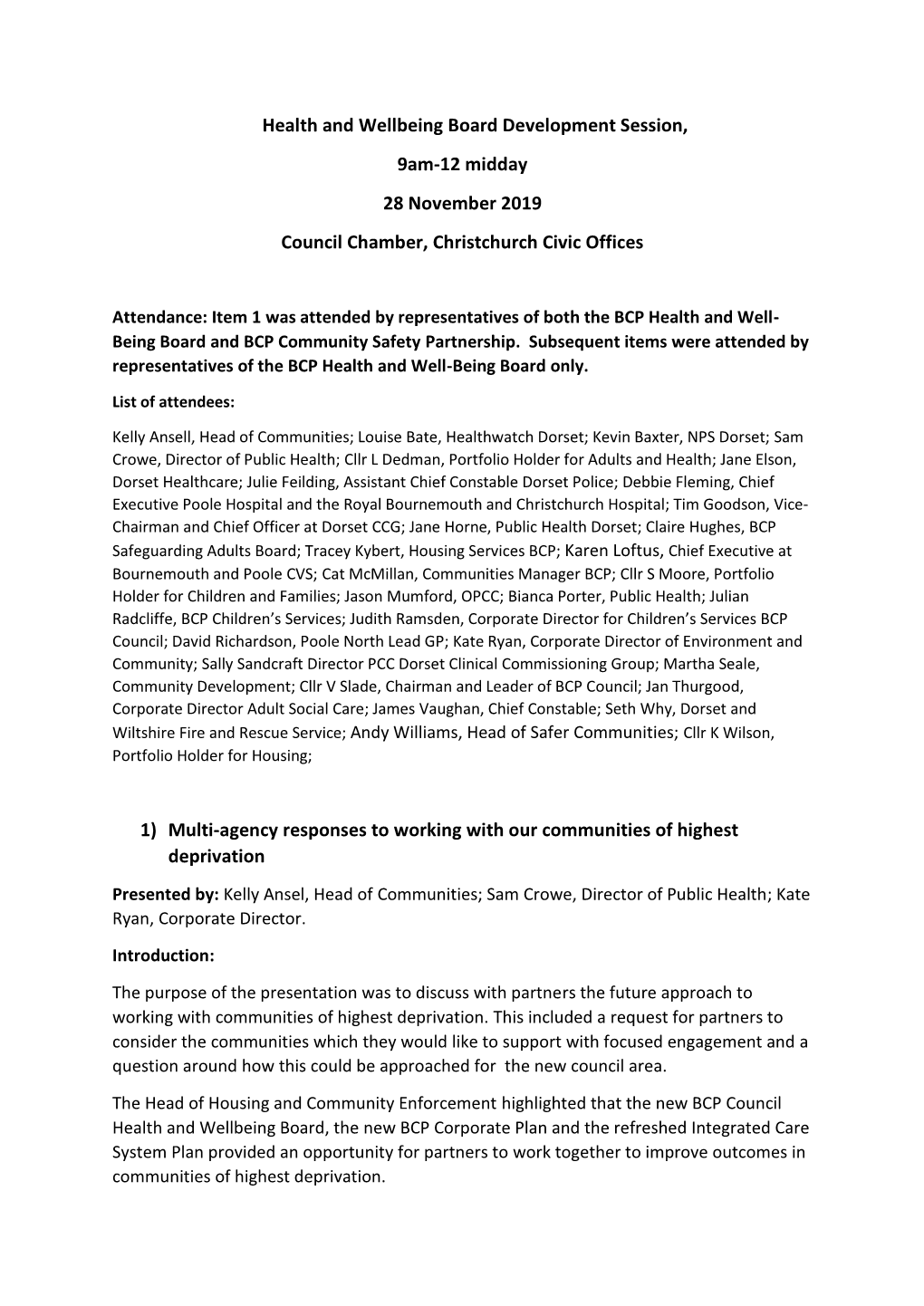 Health and Wellbeing Board Development Session, 9Am-12 Midday 28 November 2019 Council Chamber, Christchurch Civic Offices