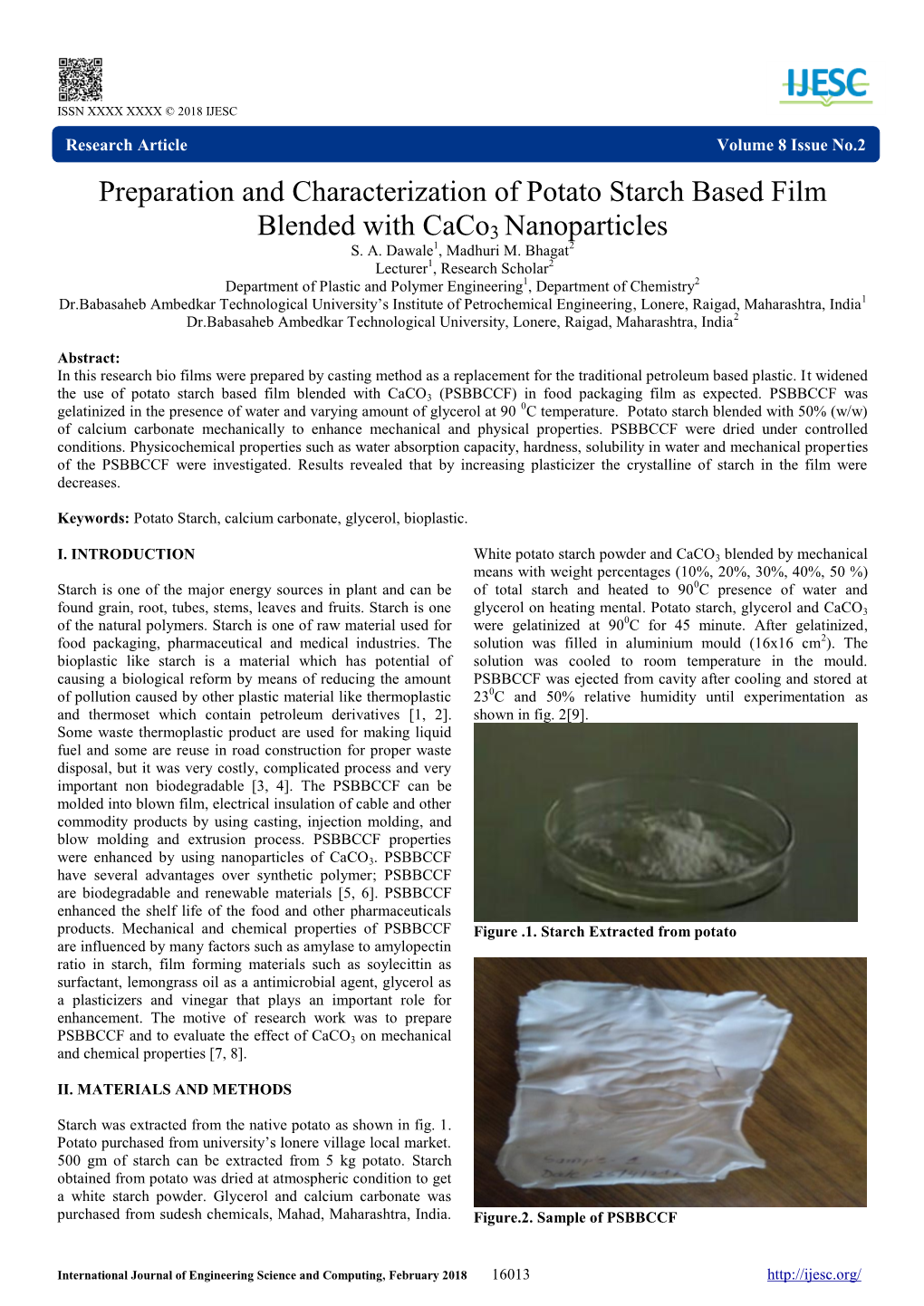 Preparation and Characterization of Potato Starch Based Film Blended with Caco3 Nanoparticles S