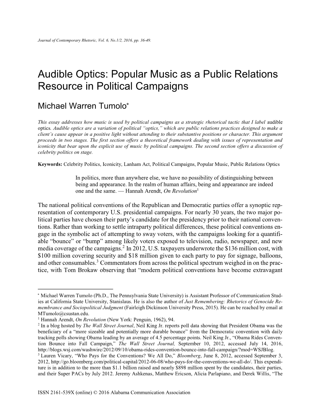 Popular Music As a Public Relations Resource in Political Campaigns