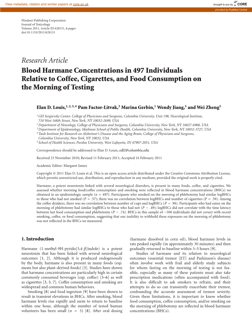 Research Article Blood Harmane Concentrations in 497 Individuals Relative to Coffee, Cigarettes, and Food Consumption on the Morning of Testing