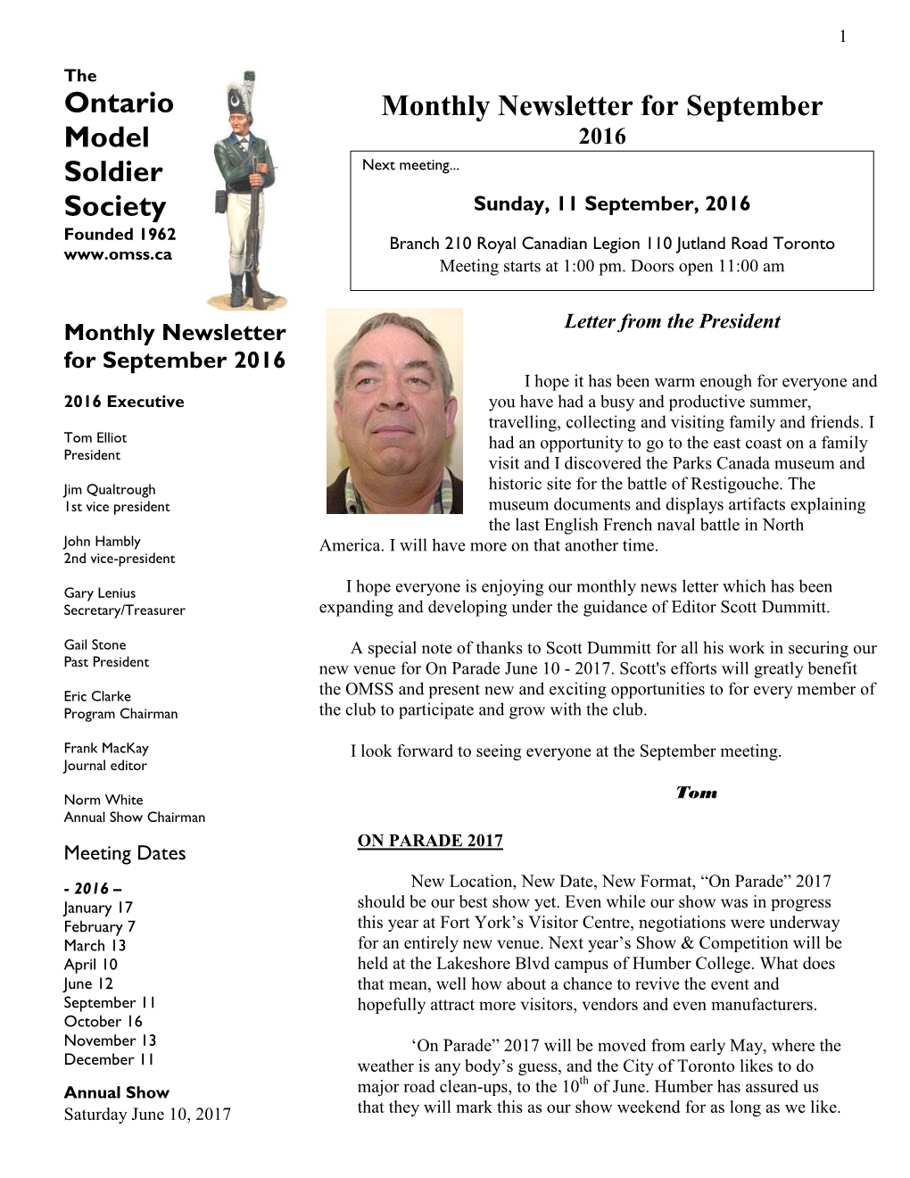 Ontario Model Soldier Society Monthly Newsletter for September