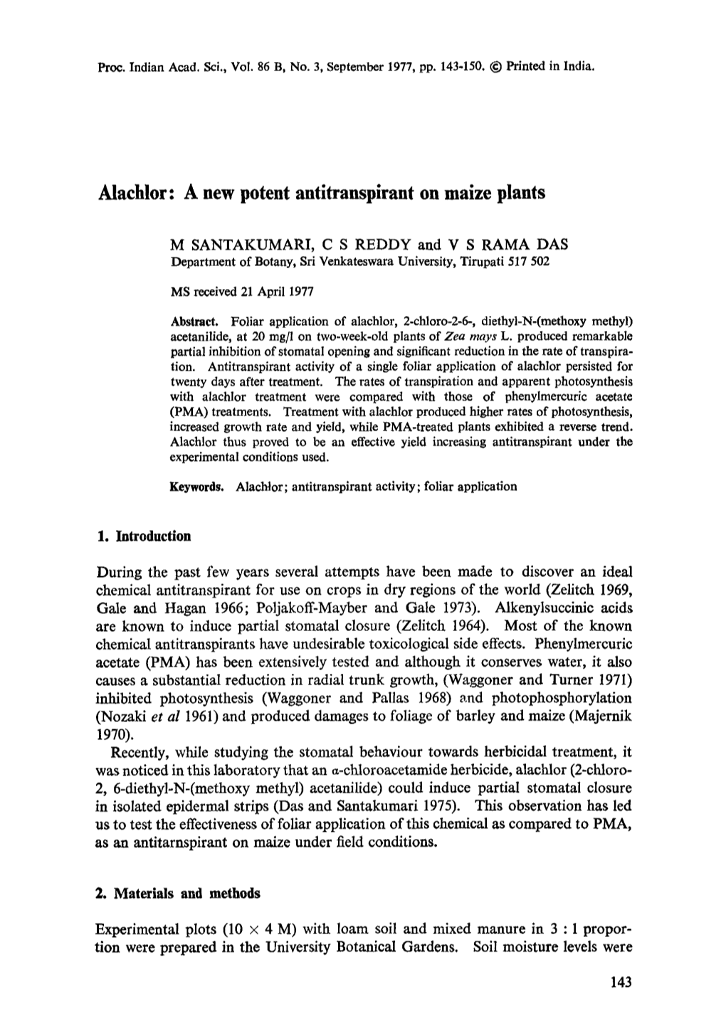 Alachlor: a New Potent Antitranspirant on Maize Plants