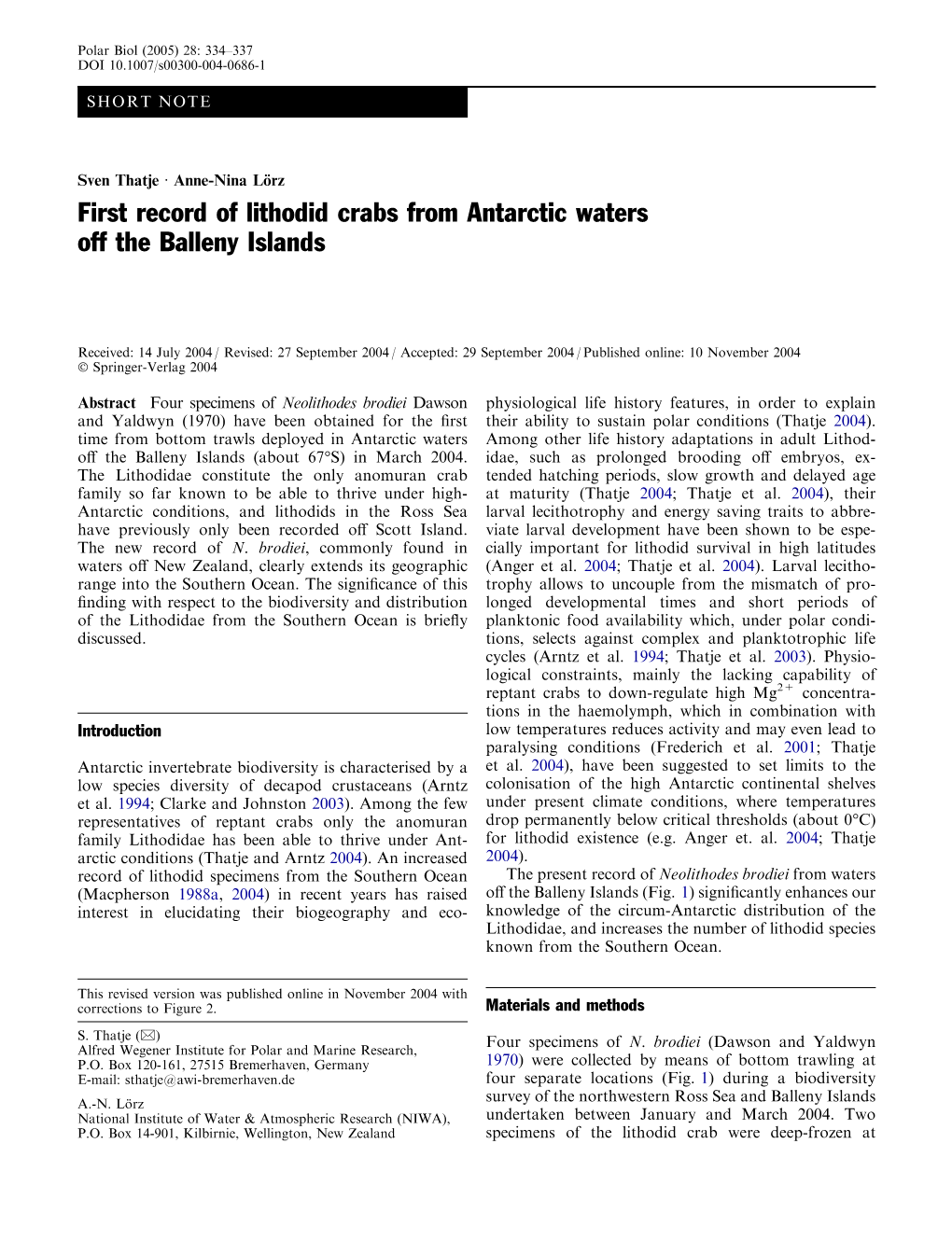 First Record of Lithodid Crabs from Antarctic Waters Off the Balleny Islands