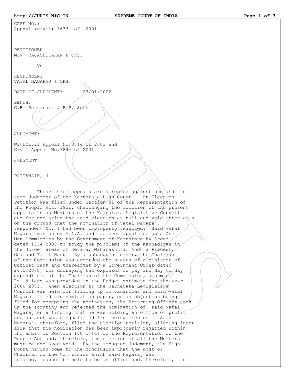 SUPREME COURT of INDIA Page 1 of 7 CASE NO.: Appeal (Civil) 3633 of 2001