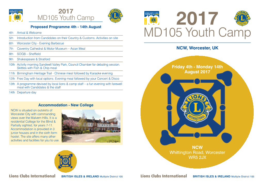 MD105 Youth Camp 2017 Proposed Programme 4Th - 14Th August 4Th Arrival & Welcome MD105 Youth Camp 5Th Introduction from Candidates on Their Country & Customs