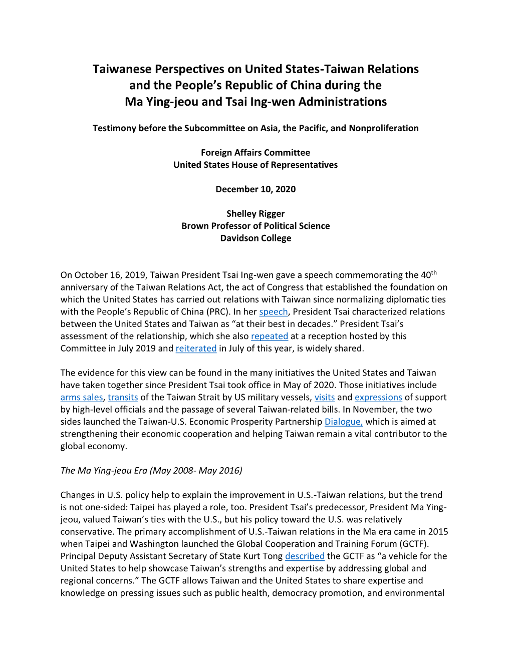 Taiwanese Perspectives on United States-Taiwan Relations and the People’S Republic of China During the Ma Ying-Jeou and Tsai Ing-Wen Administrations