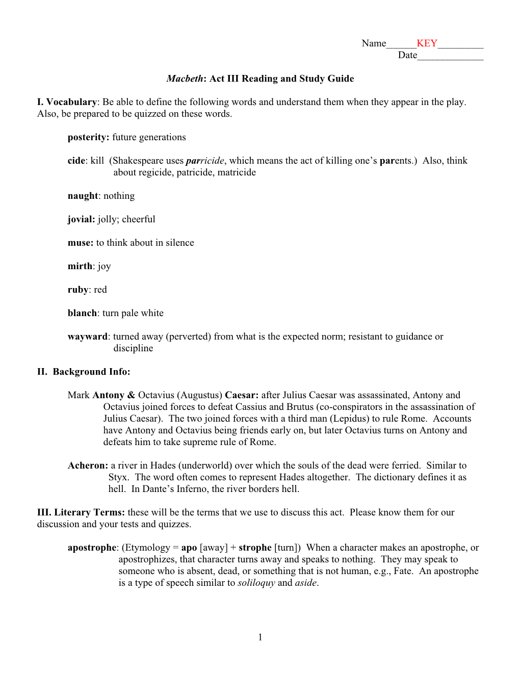 1 Name___KEY___Date___Macbeth: Act III Reading and Study Guide I. Vocabulary