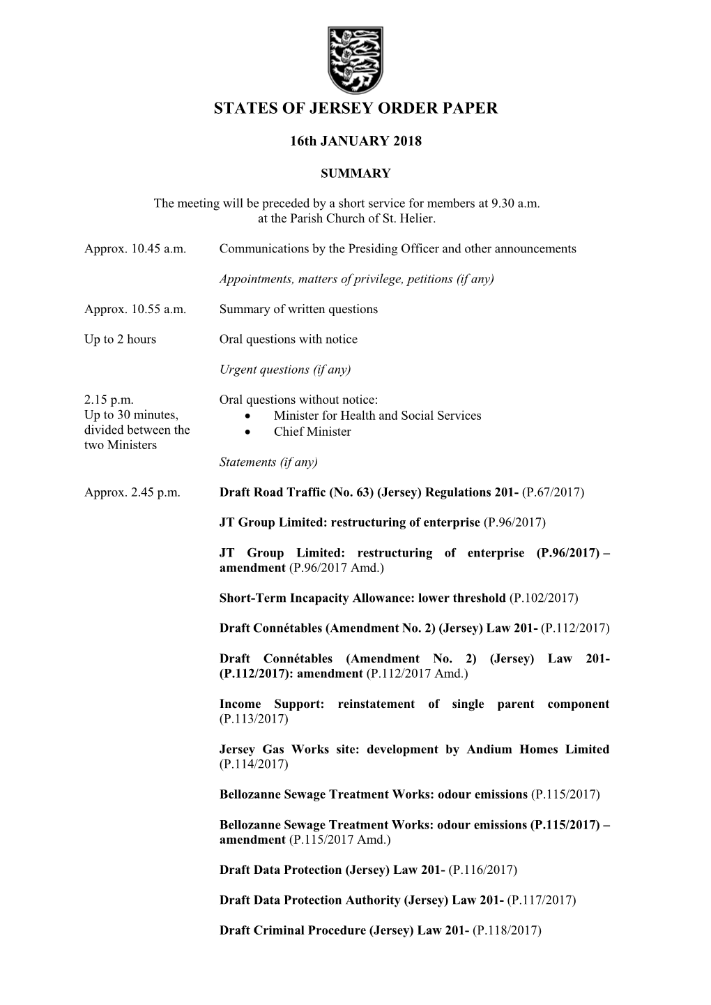 Consolidated Order Paper 16Th January 2018