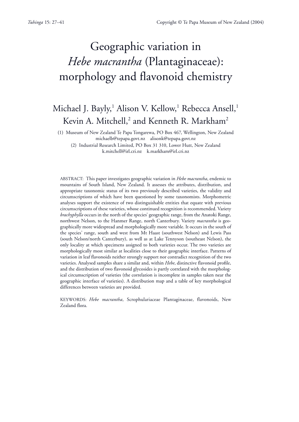 Geographic Variation in Hebe Macrantha (Plantaginaceae): Morphology and Flavonoid Chemistry