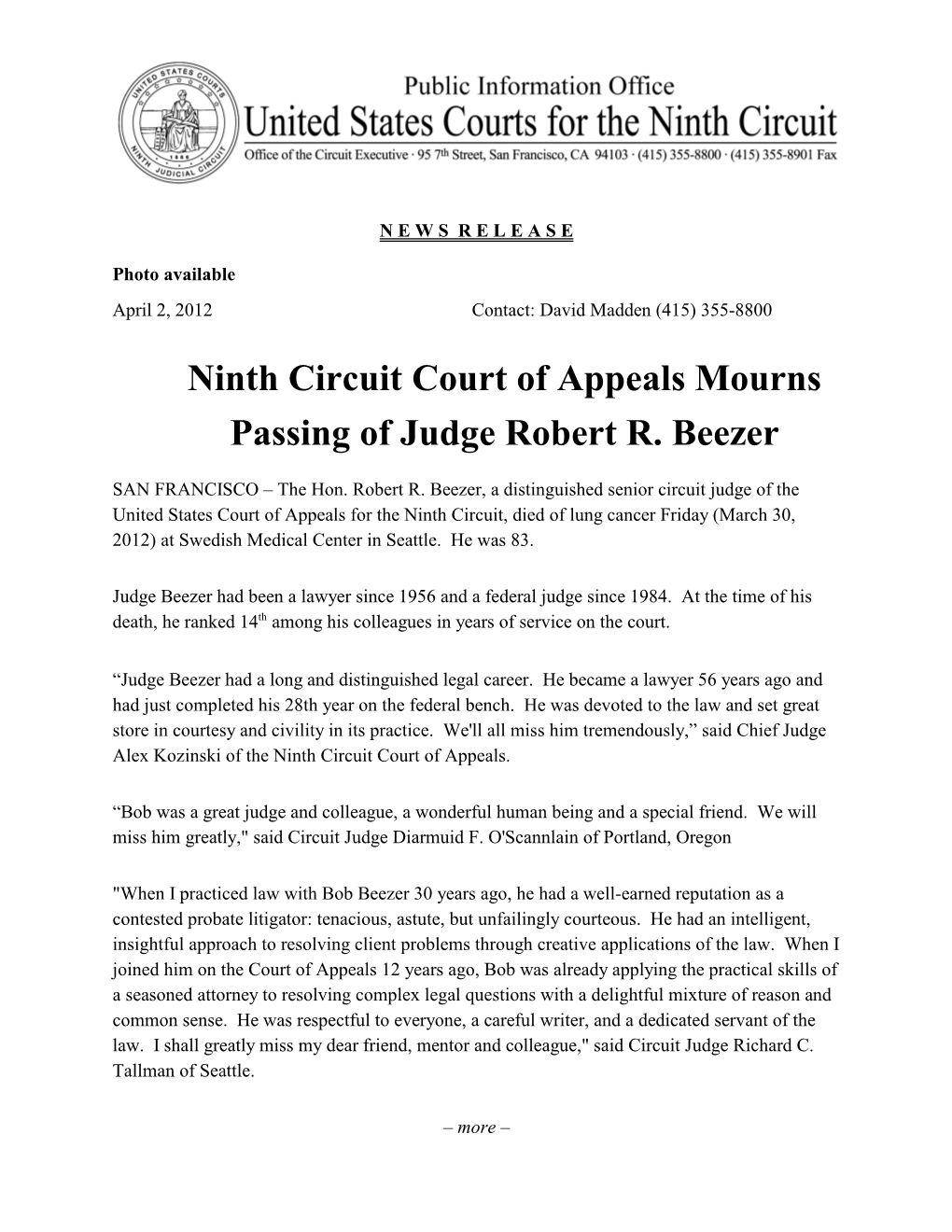 Ninth Circuit Court of Appeals Mourns Passing of Judge Robert R. Beezer