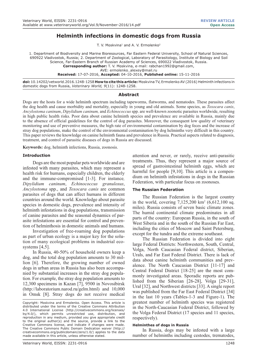 Helminth Infections in Domestic Dogs from Russia