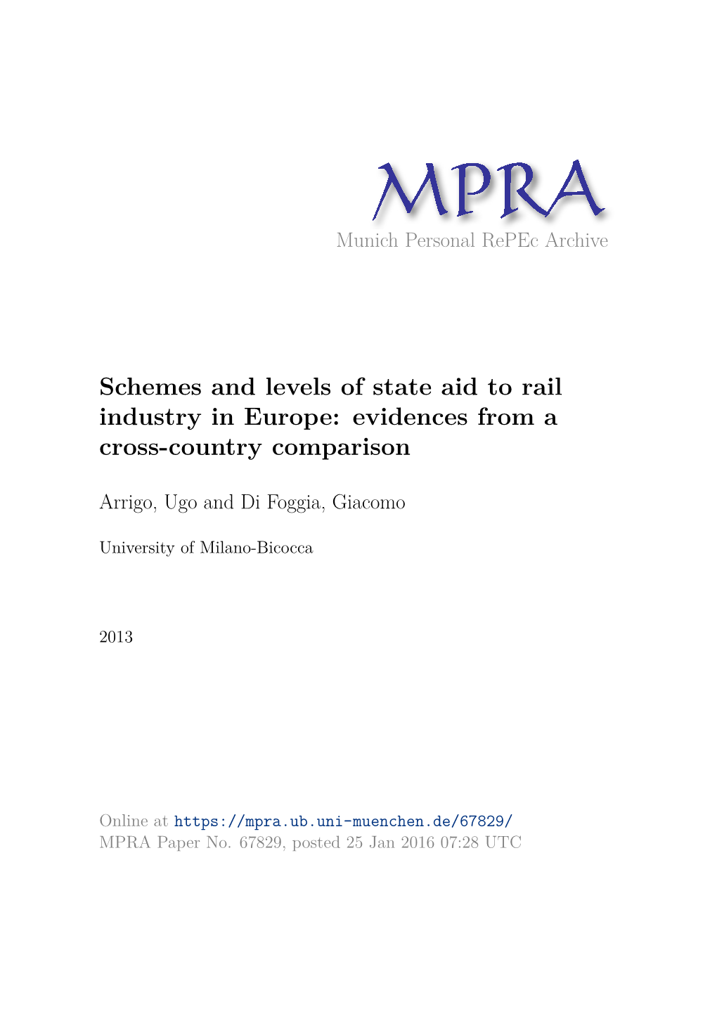 Schemes and Levels of State Aid to Rail Industry in Europe: Evidences from a Cross-Country Comparison