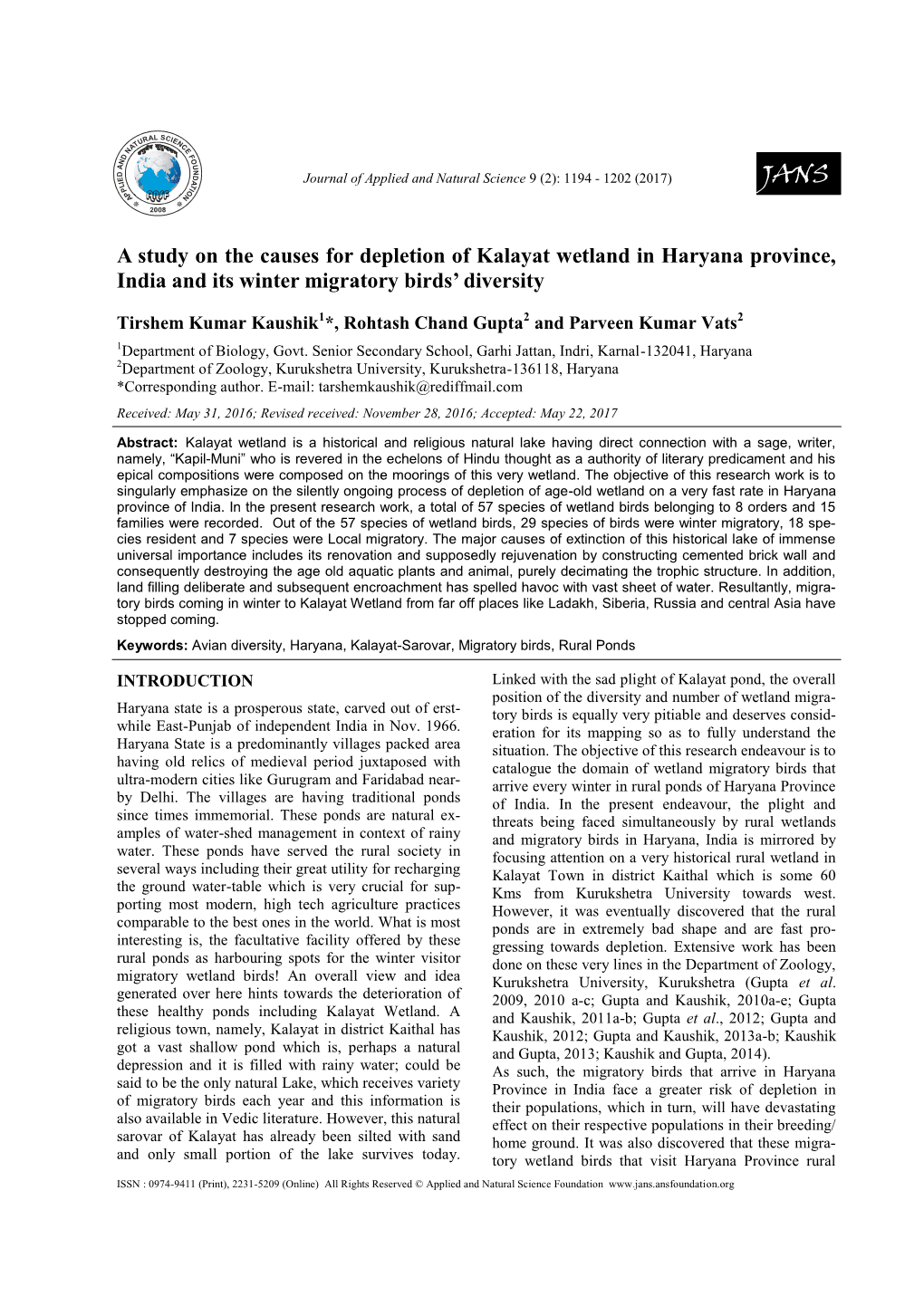 A Study on the Causes for Depletion of Kalayat Wetland in Haryana Province, India and Its Winter Migratory Birds’ Diversity