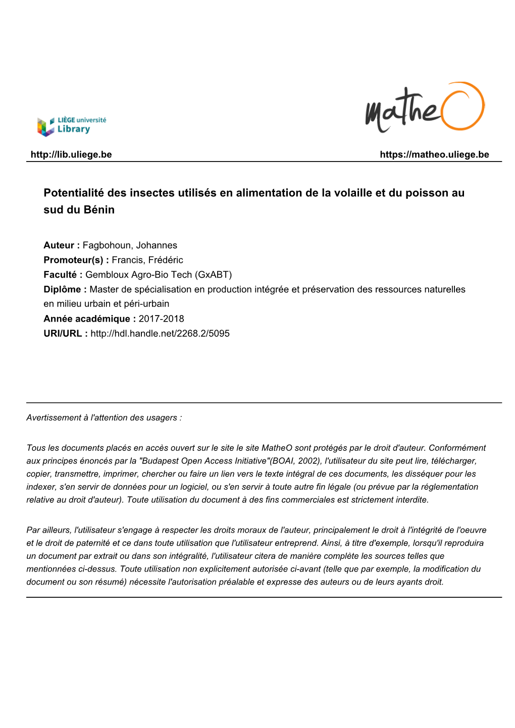 Potentialité Des Insectes Utilisés En Alimentation De La Volaille Et Du Poisson Au Sud Du Bénin