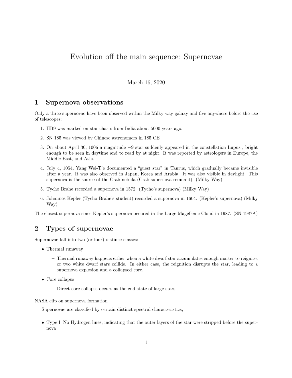 Evolution Off the Main Sequence: Supernovae