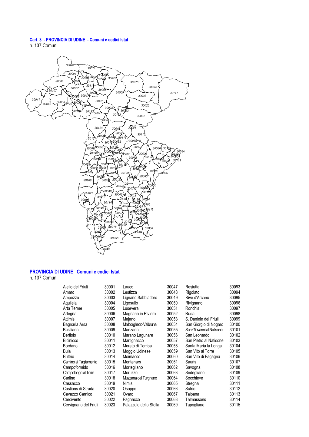 Cart. 3 - PROVINCIA DI UDINE - Comuni E Codici Istat N