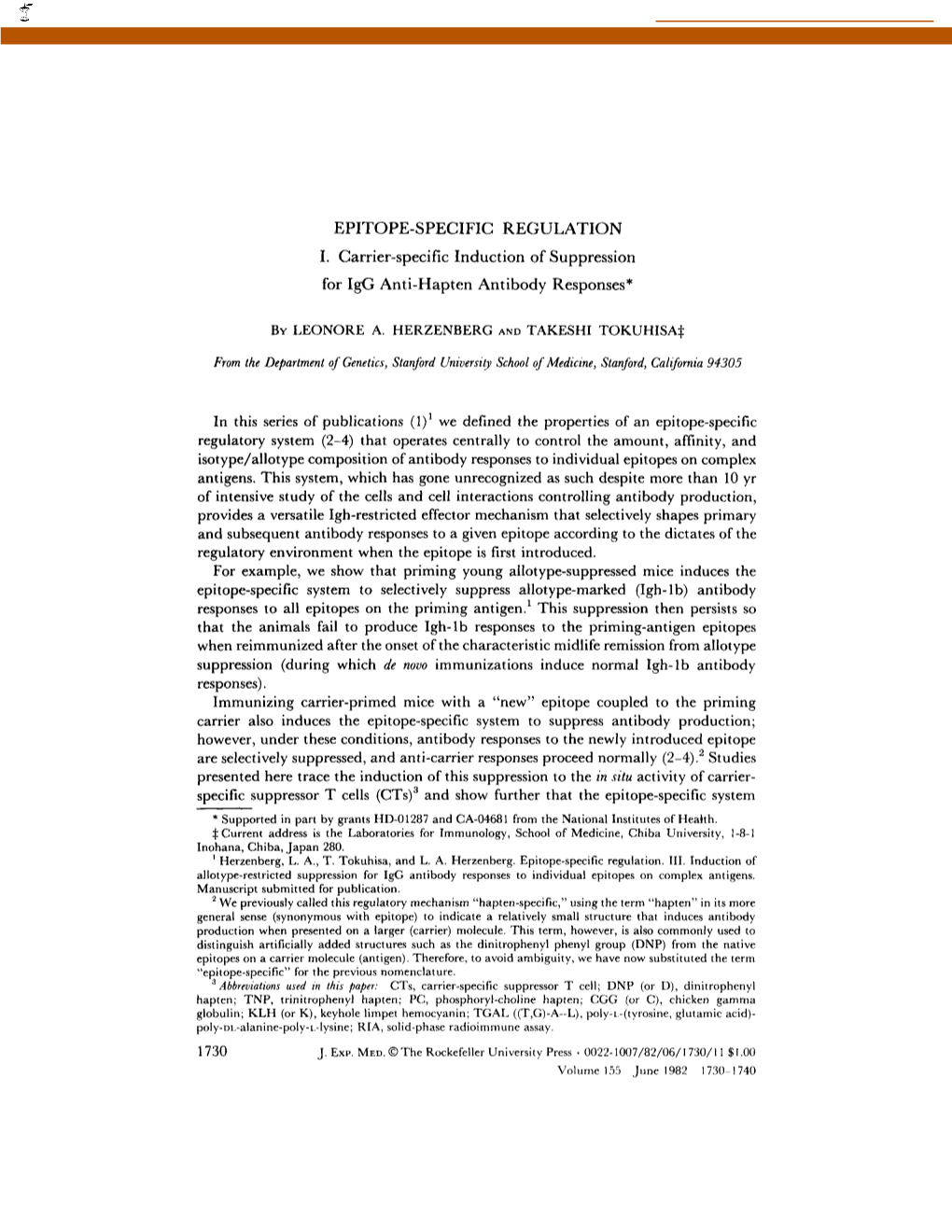 EPITOPE-SPECIFIC REGULATION I. Carrier-Specific Induction of Suppression for Igg Anti-Hapten Antibody Responses* by LEONORE A. H