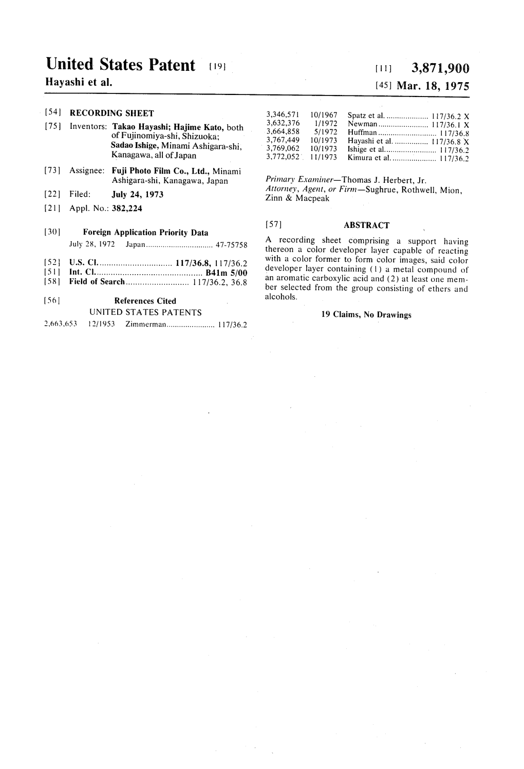 United States Patent (19) [11] 3,871,900 Hayashi Et Al