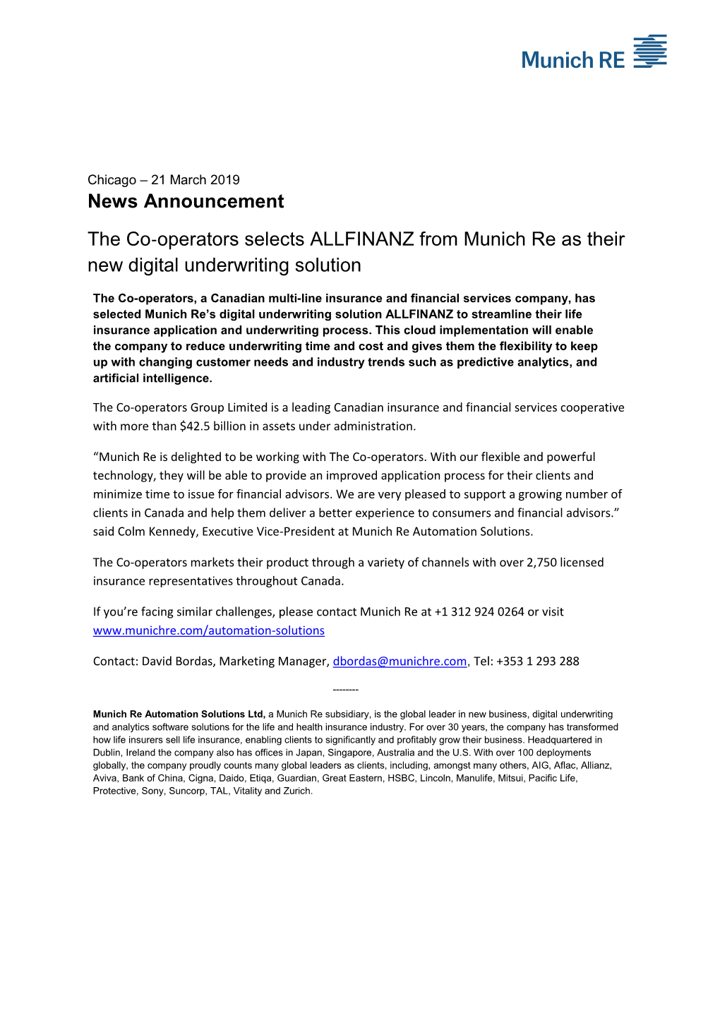 News Announcement the Co‐Operators Selects ALLFINANZ from Munich Re As Their New Digital Underwriting Solution