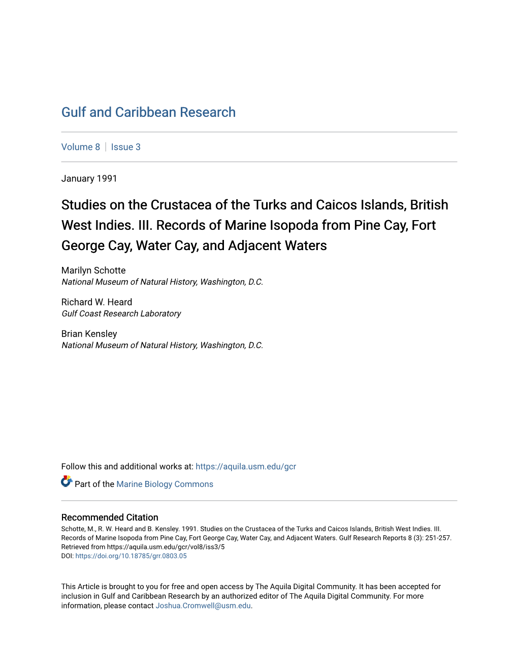 Studies on the Crustacea of the Turks and Caicos Islands, British West Indies