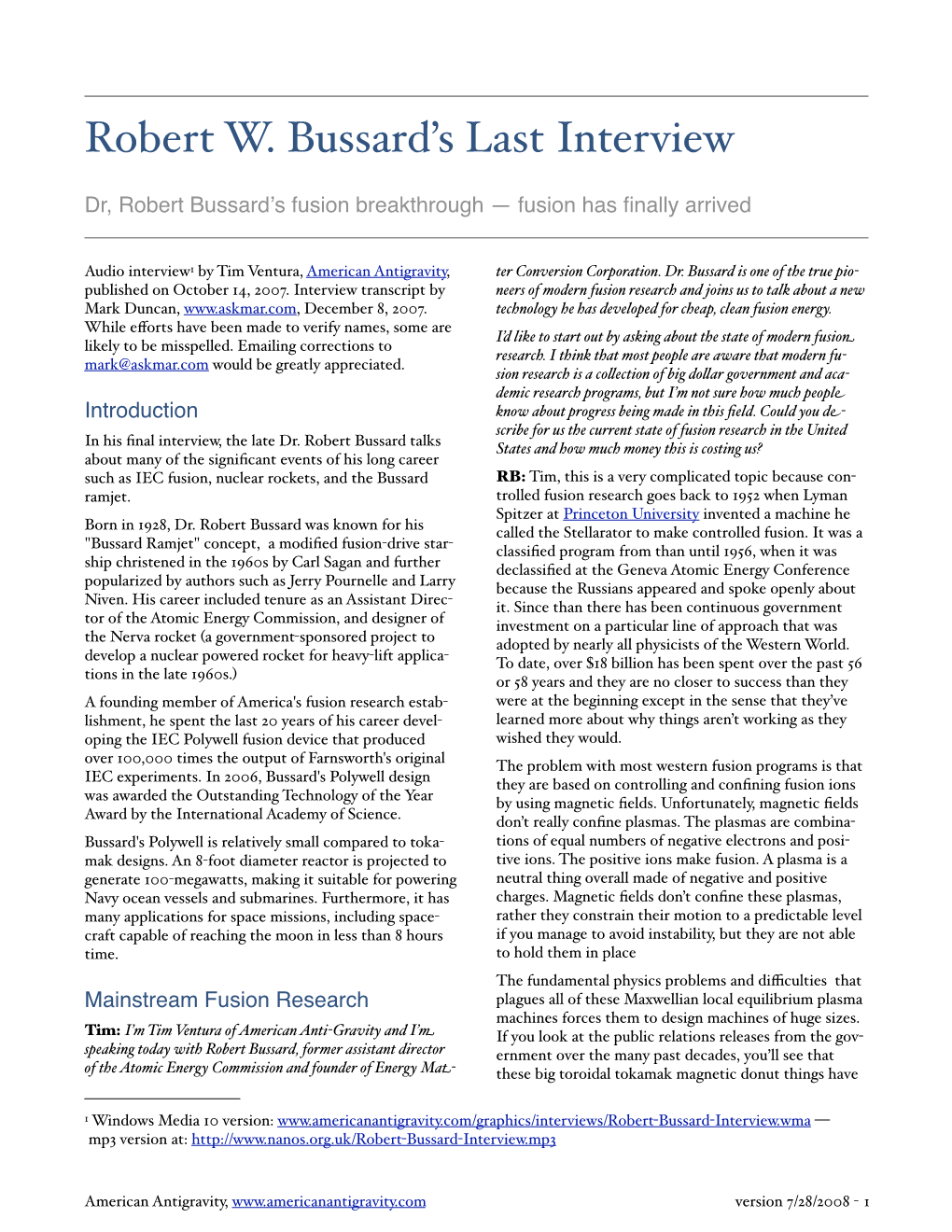 2007-10 Robert Bussard Interview