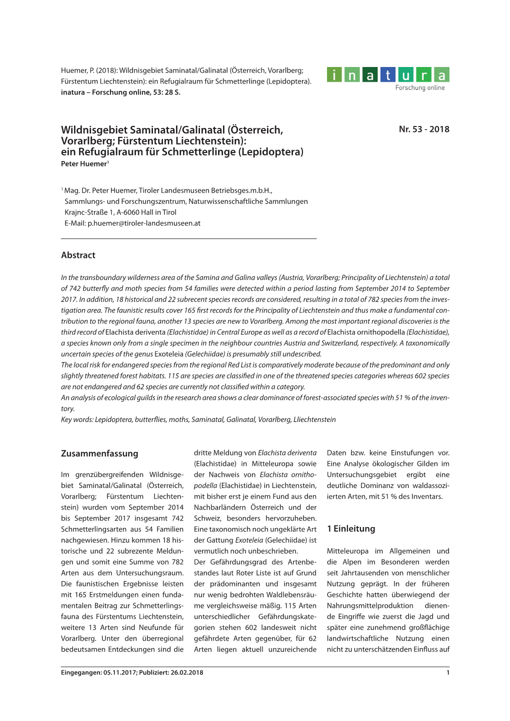 Wildnisgebiet Saminatal/Galinatal (Österreich, Vorarlberg; Fürstentum Liechtenstein): Ein Refugialraum Für Schmetterlinge (Lepidoptera)