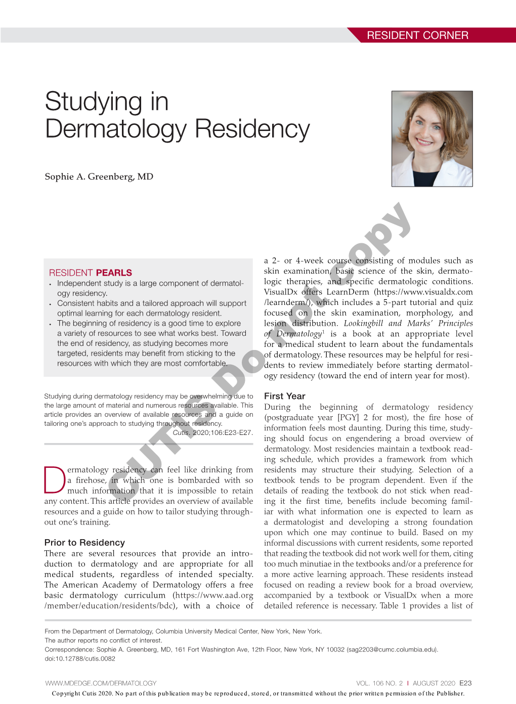 Studying in Dermatology Residency