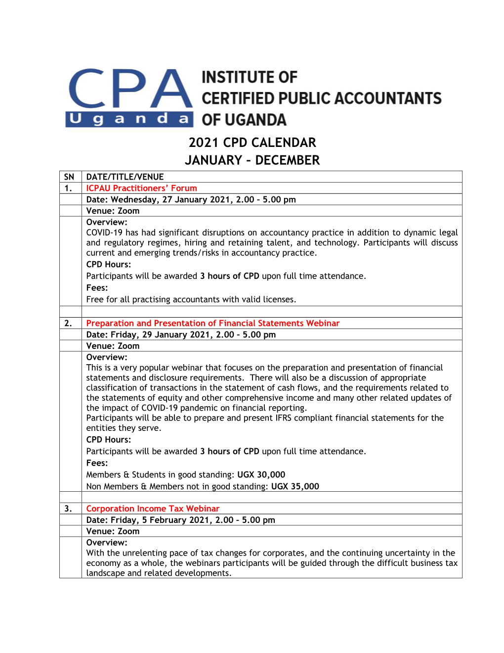 2021 Cpd Calendar January – December