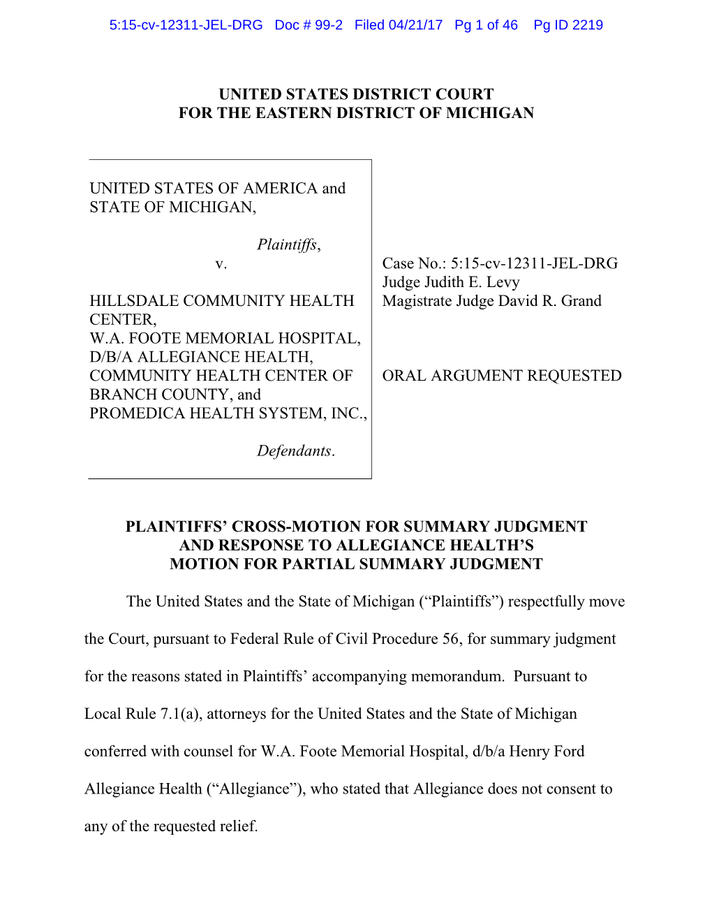 Plaintiffs' Cross-Motion for Summary Judgment and Response To