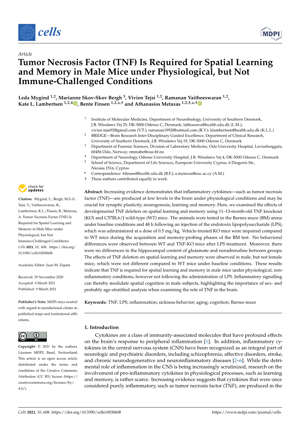 (TNF) Is Required for Spatial Learning and Memory in Male Mice Under Physiological, but Not Immune-Challenged Conditions