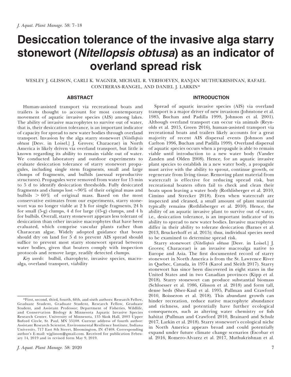 Desiccation Tolerance of the Invasive Alga Starry Stonewort (Nitellopsis Obtusa) As an Indicator of Overland Spread Risk