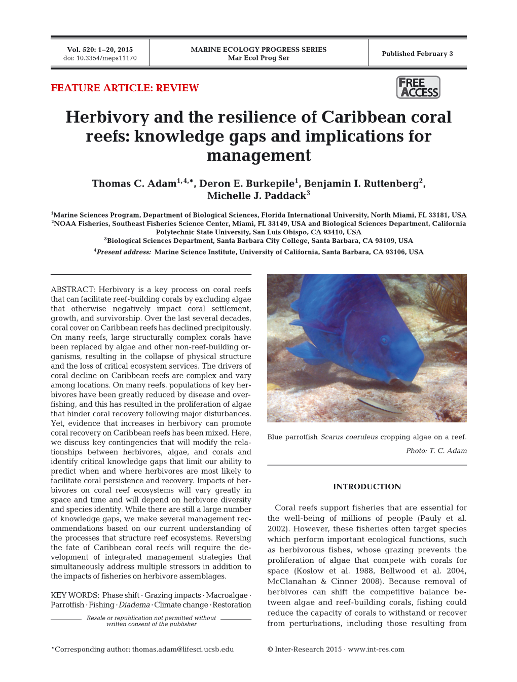 Herbivory and the Resilience of Caribbean Coral Reefs: Knowledge Gaps and Implications for Management