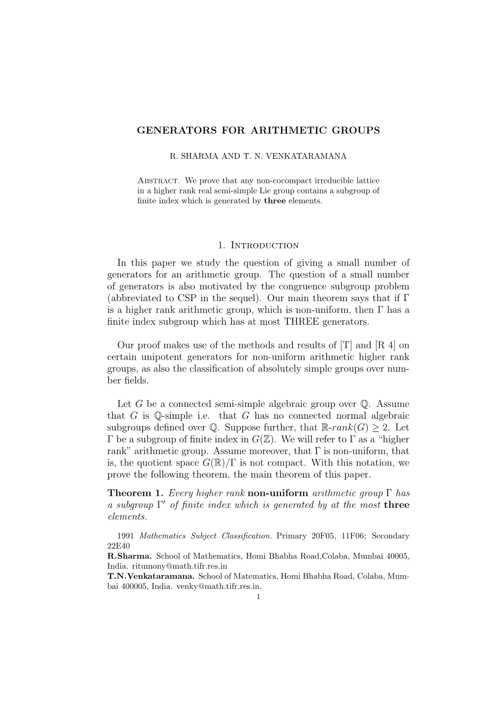 GENERATORS for ARITHMETIC GROUPS 1. Introduction in This