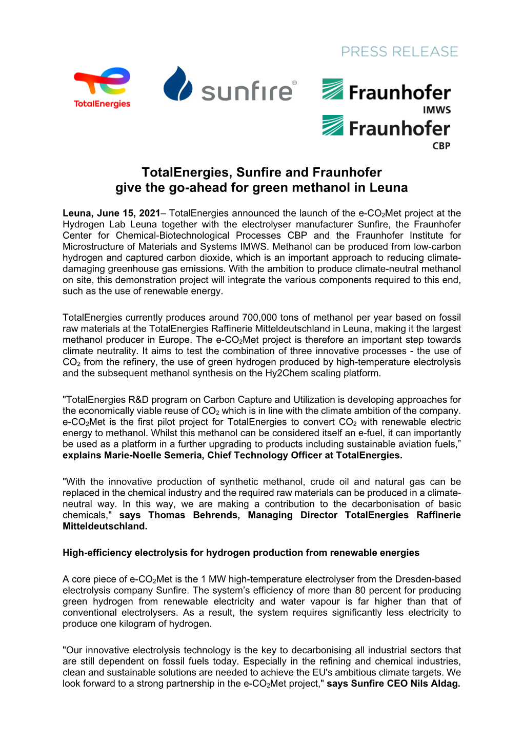 Totalenergies, Sunfire and Fraunhofer Give the Go-Ahead for Green Methanol in Leuna