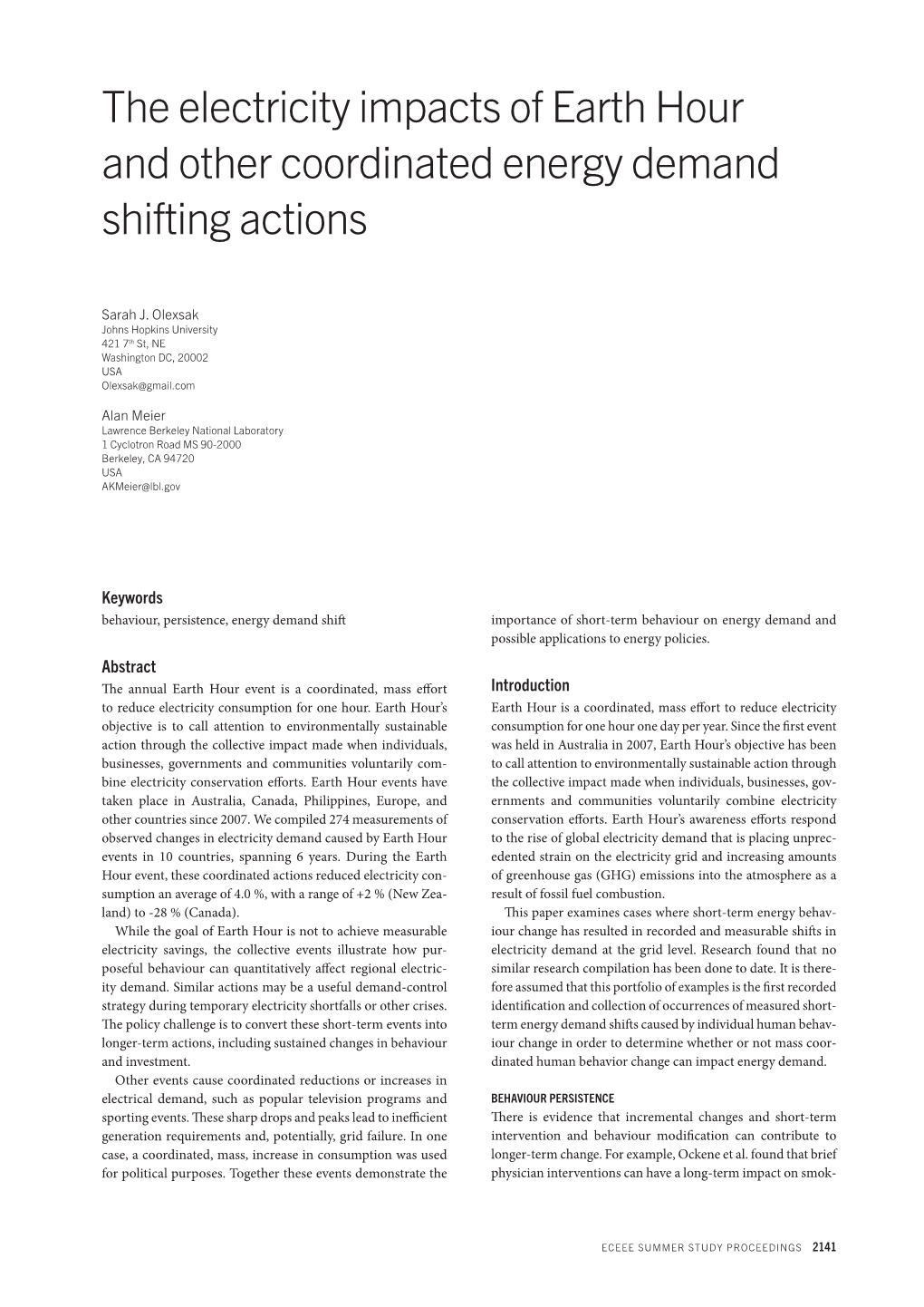 The Electricity Impacts of Earth Hour and Other Coordinated Energy Demand Shifting Actions