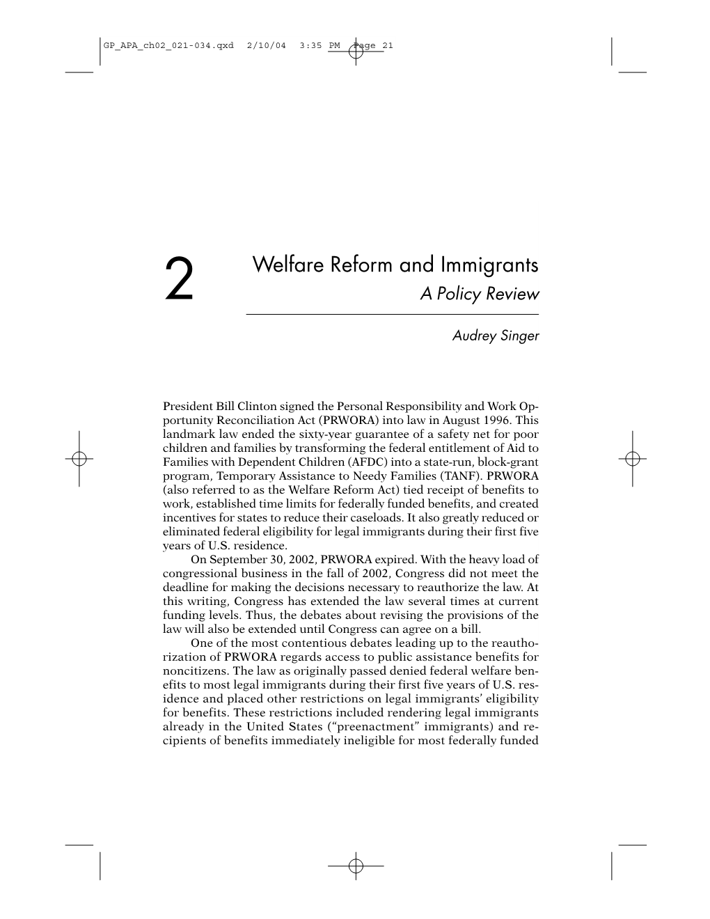 Welfare Reform and Immigrants 2 a Policy Review