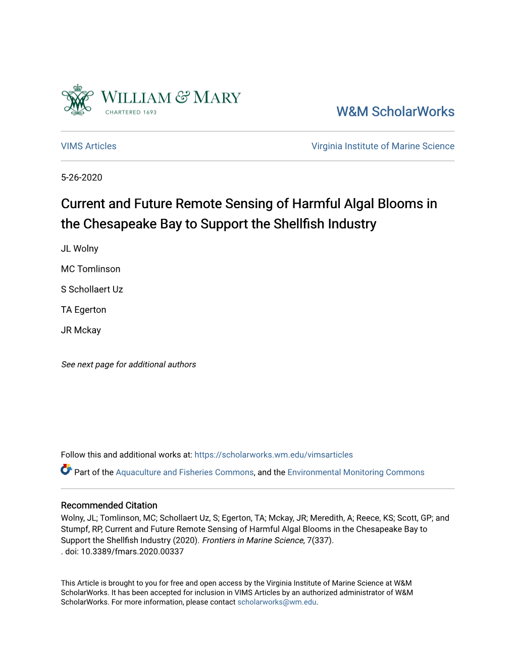 Current and Future Remote Sensing of Harmful Algal Blooms in the Chesapeake Bay to Support the Shellfish Industry