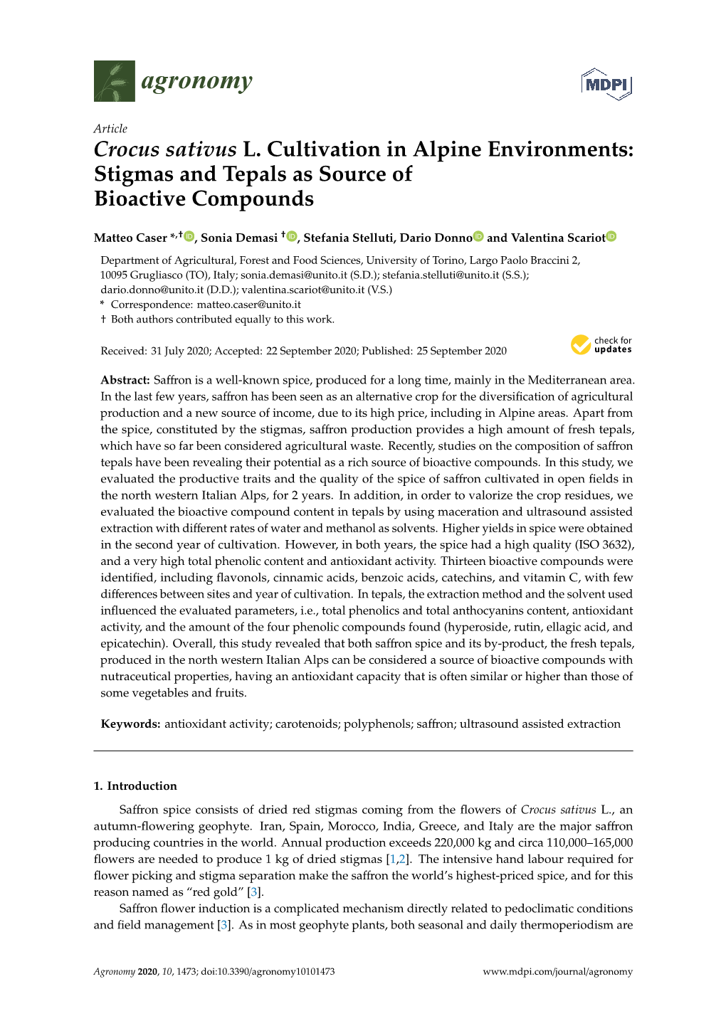 Crocus Sativus L. Cultivation in Alpine Environments: Stigmas and Tepals As Source of Bioactive Compounds