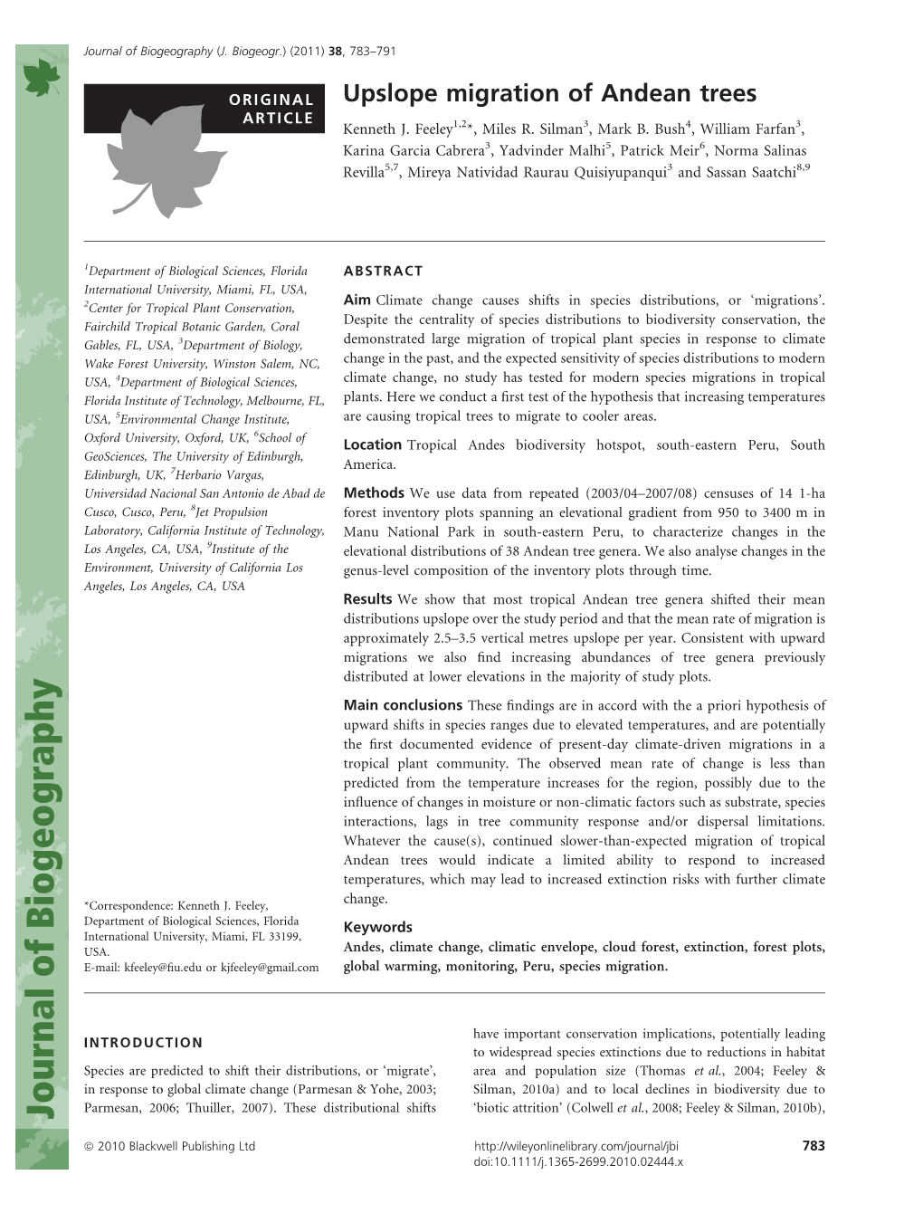 Upslope Migration of Andean Trees ARTICLE Kenneth J