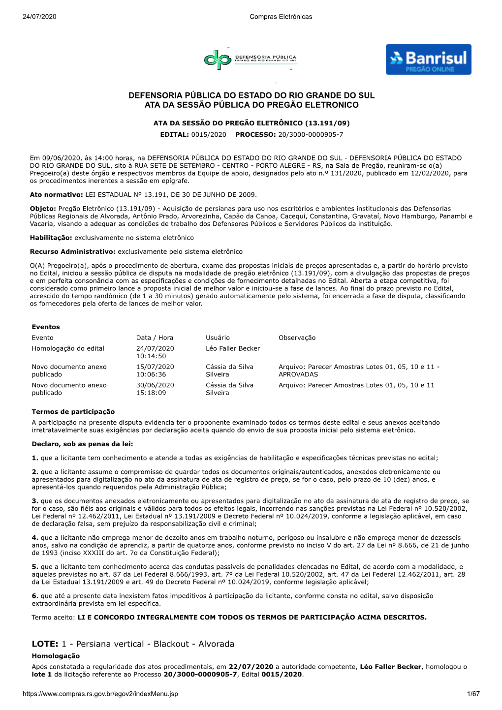 Defensoria Pública Do Estado Do Rio Grande Do Sul Ata Da Sessão Pública Do Pregão Eletronico