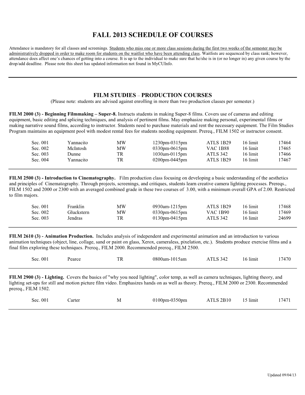 Fall 2013 Schedule of Courses