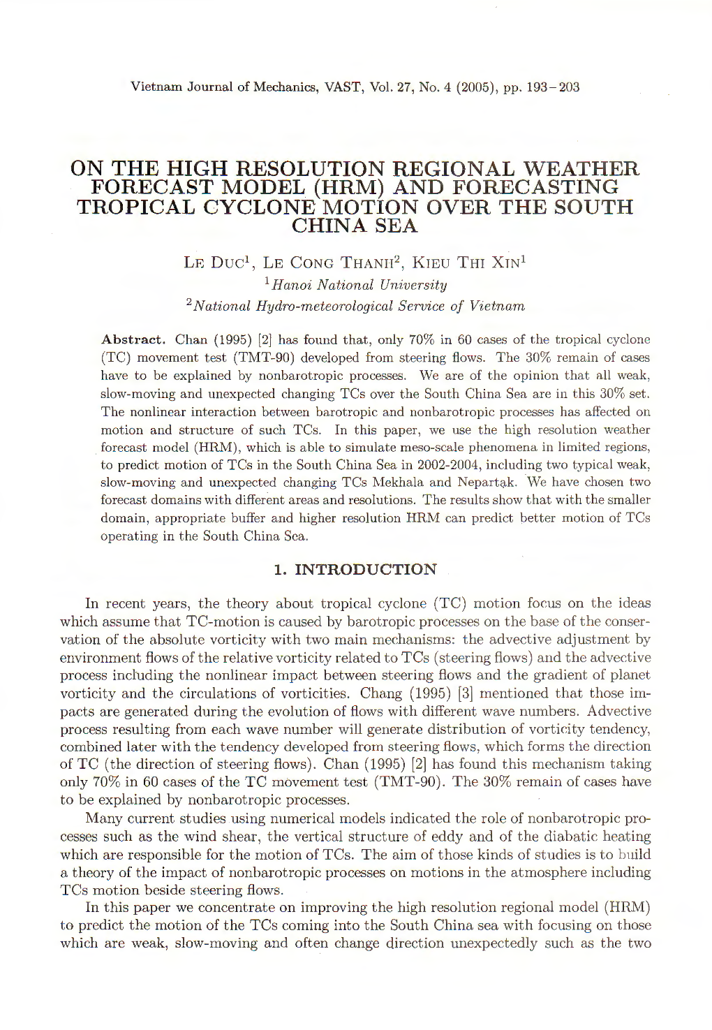 (Hrm) and Forecasting Tropical Cyclone Motion Over the South China Sea