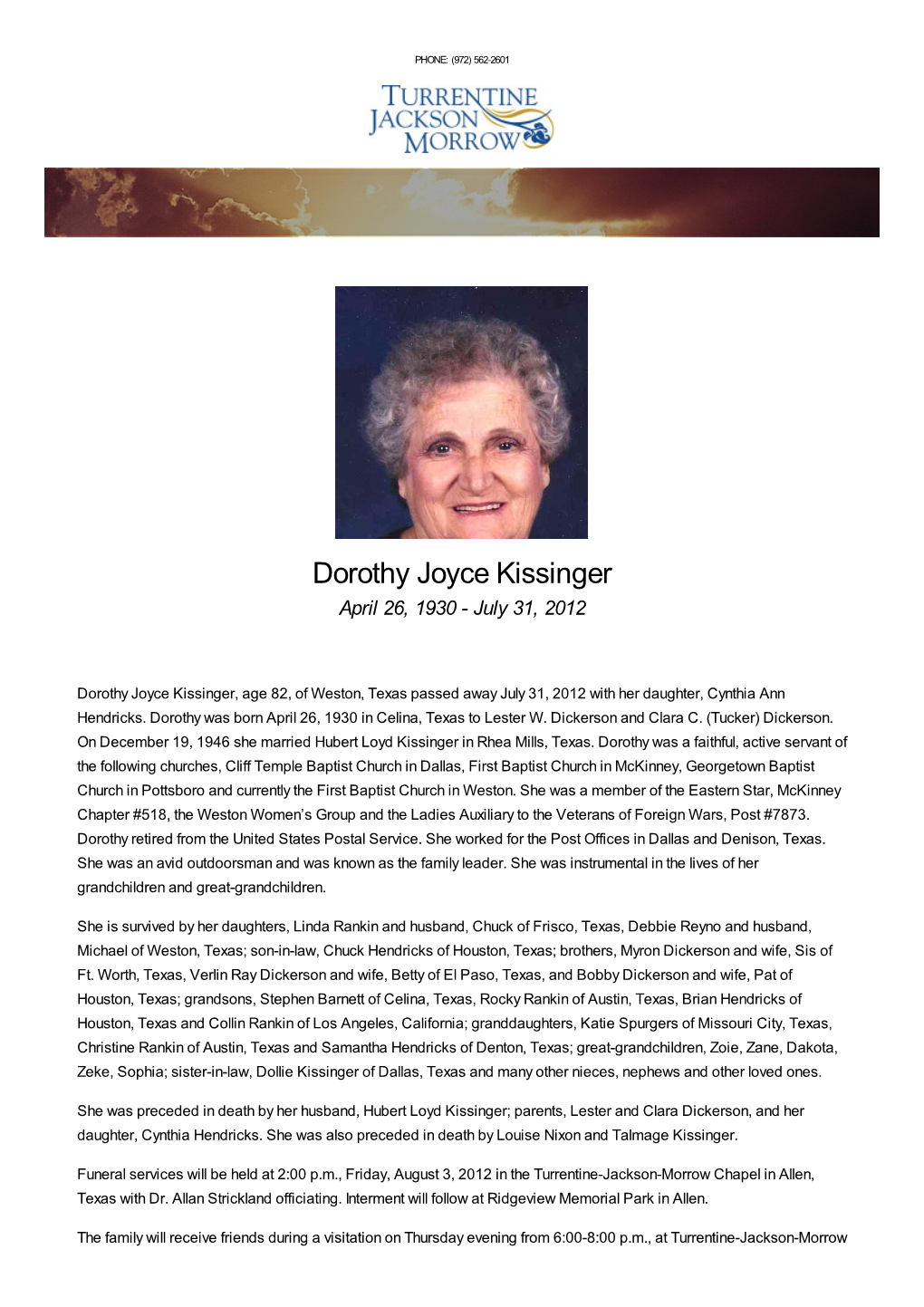 Dorothy Joyce Kissinger April 26, 1930 - July 31, 2012