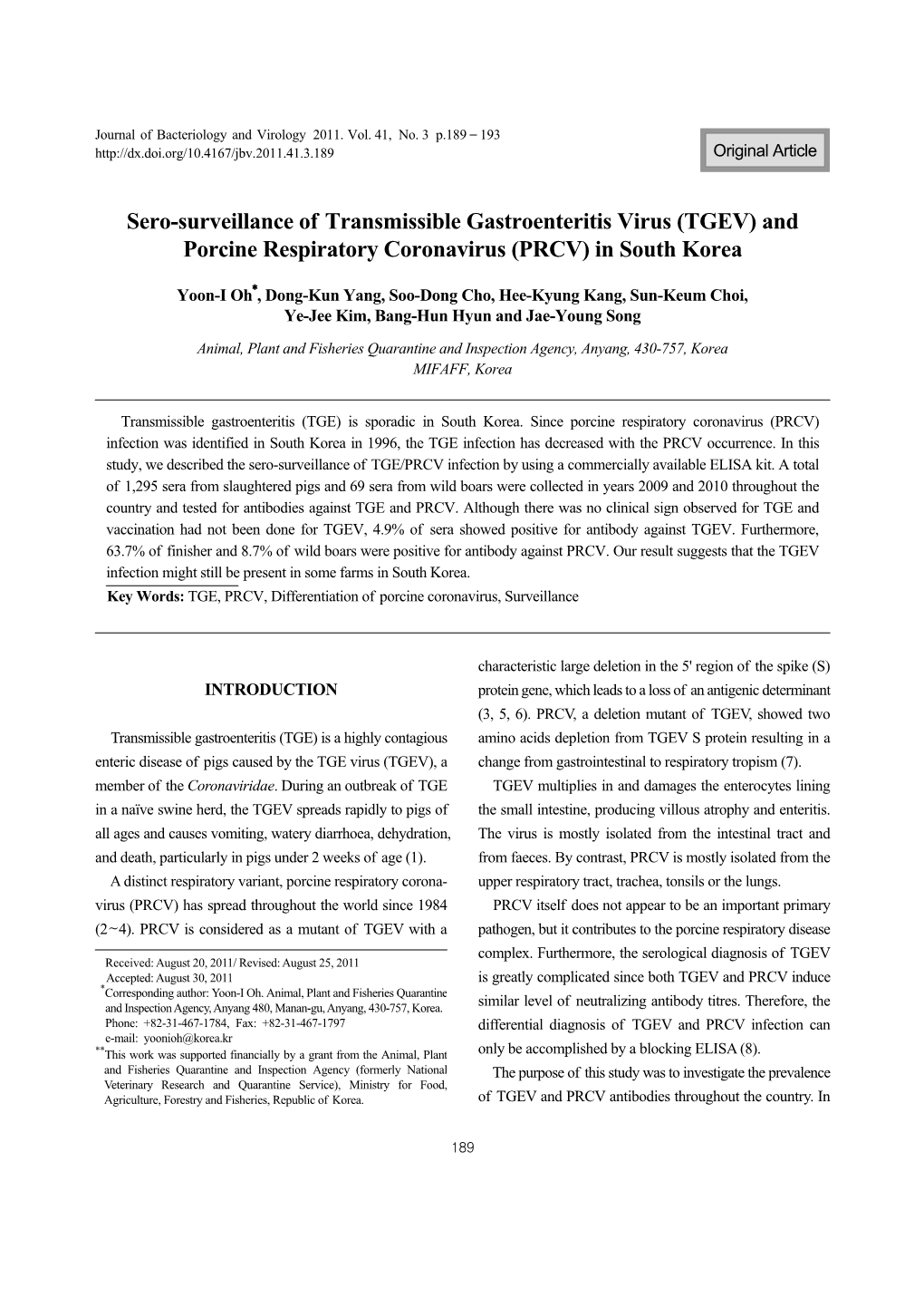 (TGEV) and Porcine Respiratory Coronavirus (PRCV) in South Korea