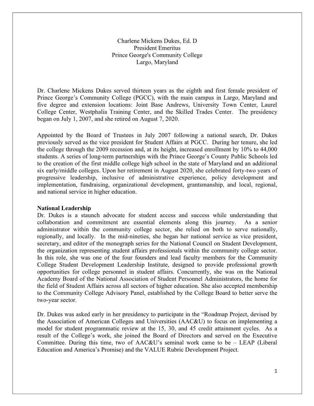 Resume of Charlene Mickens Dukes, Ed. D