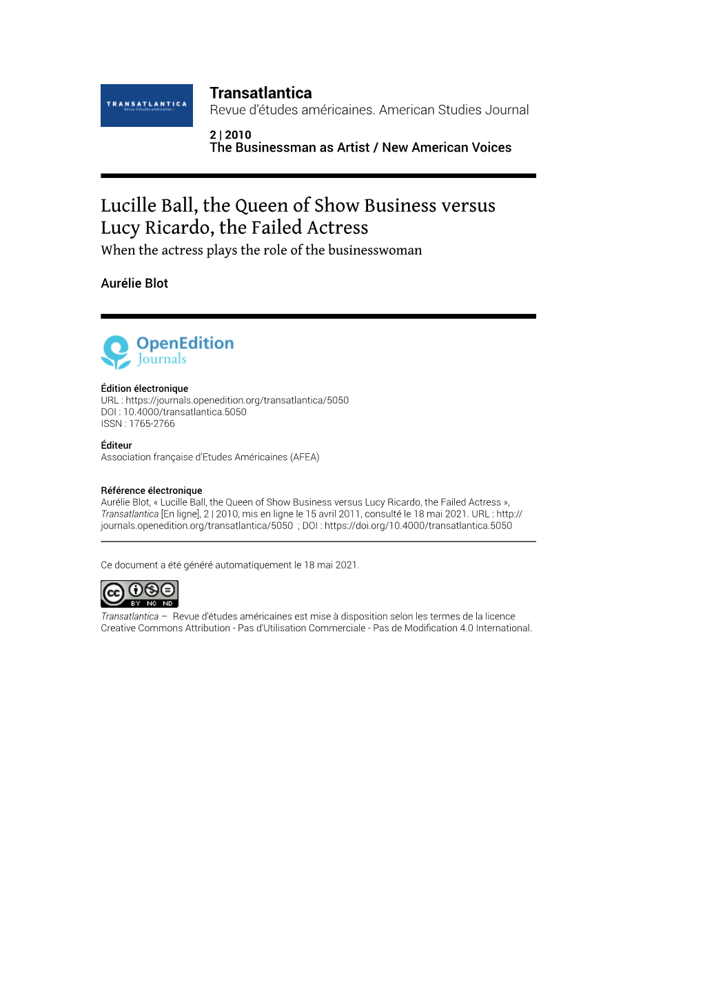 Transatlantica, 2 | 2010 Lucille Ball, the Queen of Show Business Versus Lucy Ricardo, the Failed Actress 2