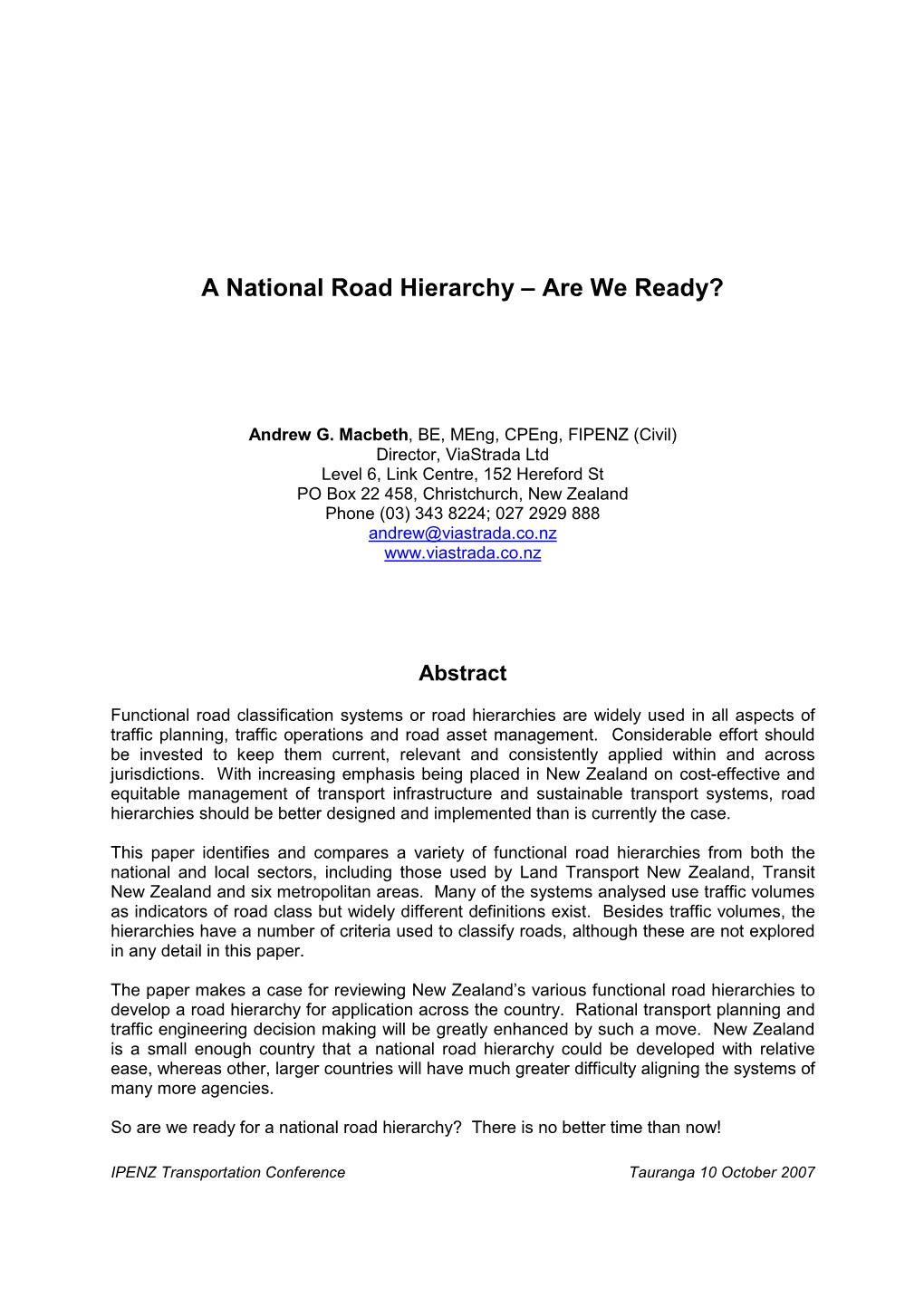 A National Road Hierarchy – Are We Ready?