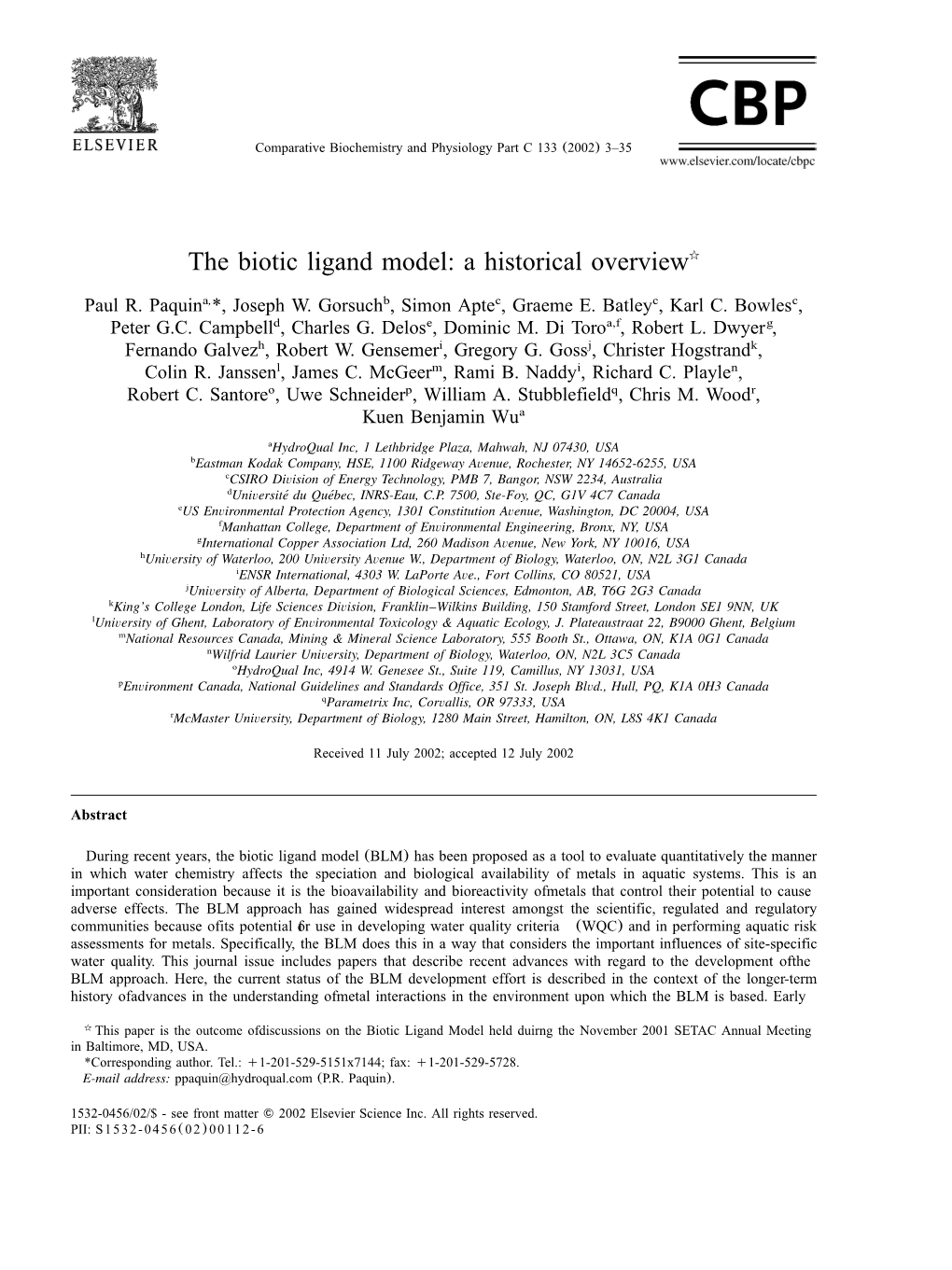 The Biotic Ligand Model: a Historical Overview૾