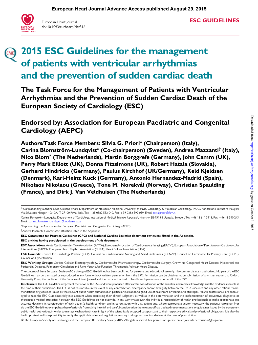 2015 ESC Guidelines for the Management of Patients With